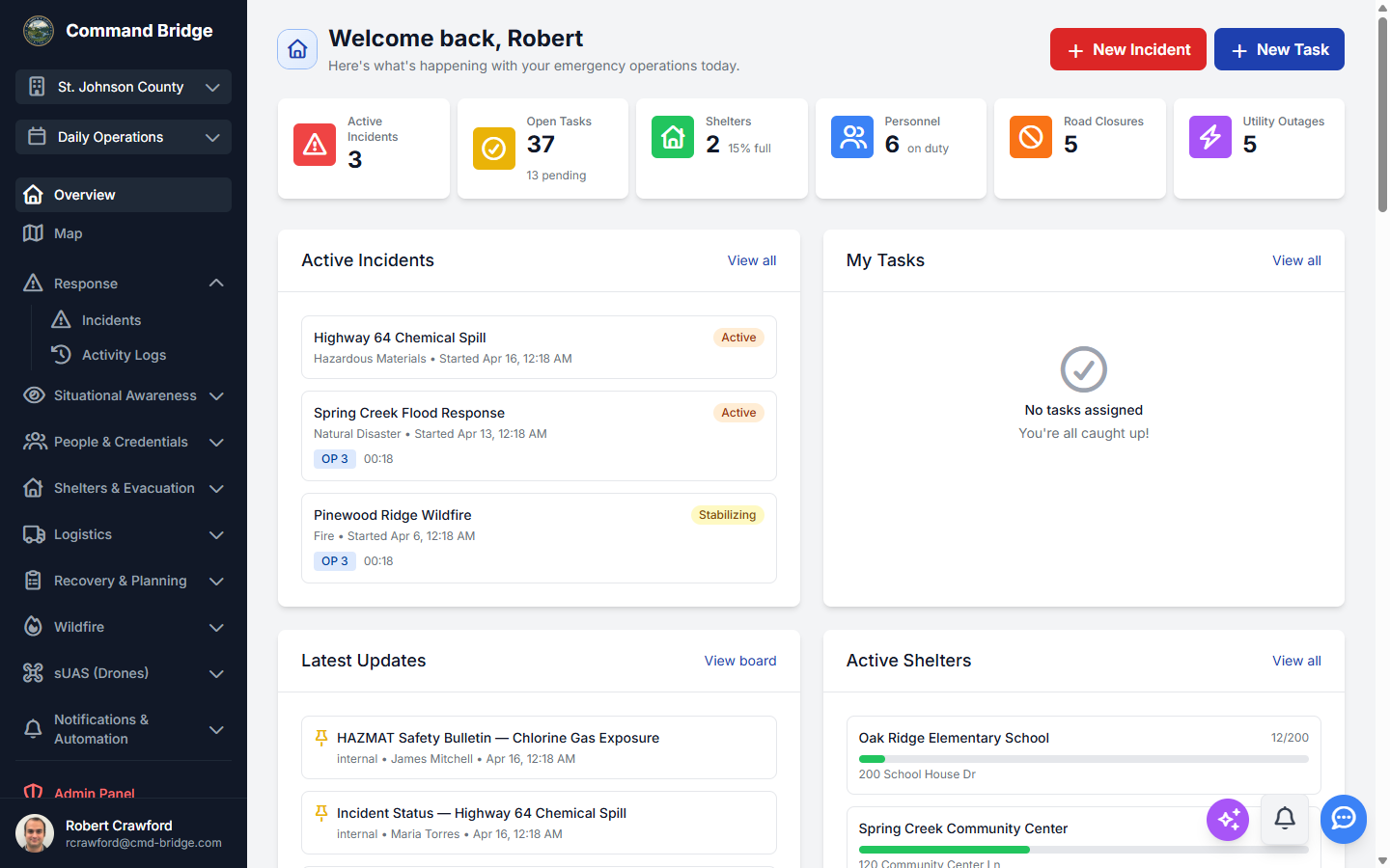 Command Bridge dashboard showing active incidents, open tasks, shelter occupancy, personnel on duty, and real-time operational updates