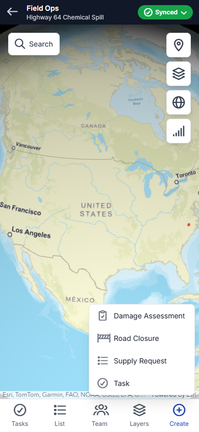 Command Bridge field operations create menu showing damage assessment, road closure, supply request, and task options