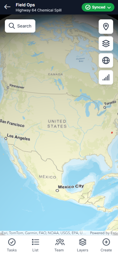 Command Bridge field operations mobile interface showing map, synced status, and touch-optimized navigation
