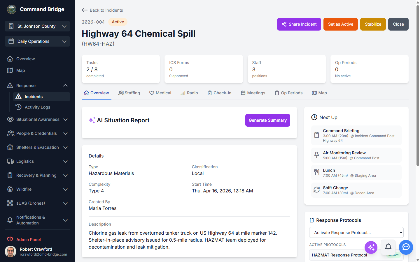 Incident detail view showing tasks, ICS forms, staff, and AI situation report