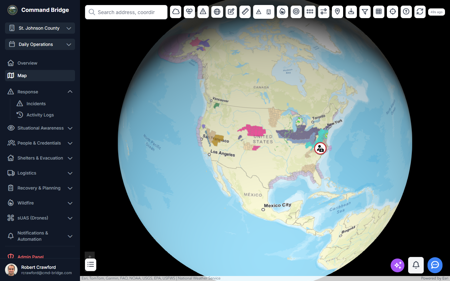 Unified operational map with weather alerts, incidents, and data layers