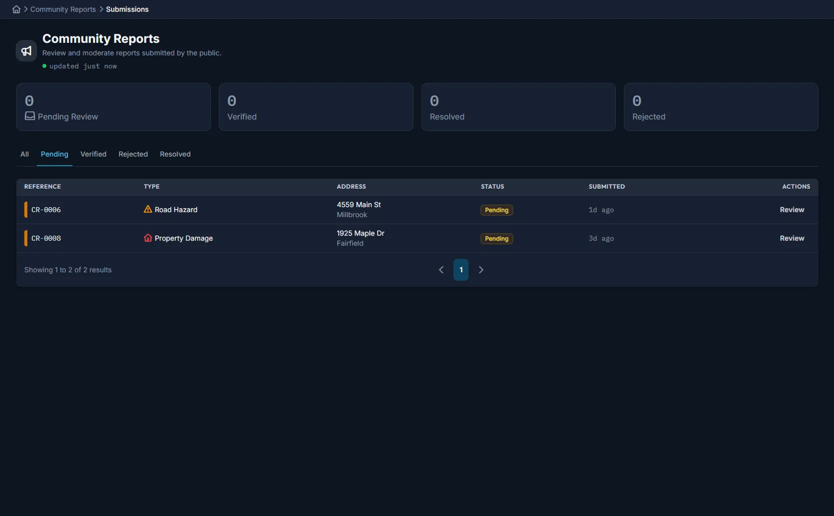 Command Bridge community reports intake with resident-submitted hazard and damage reports
