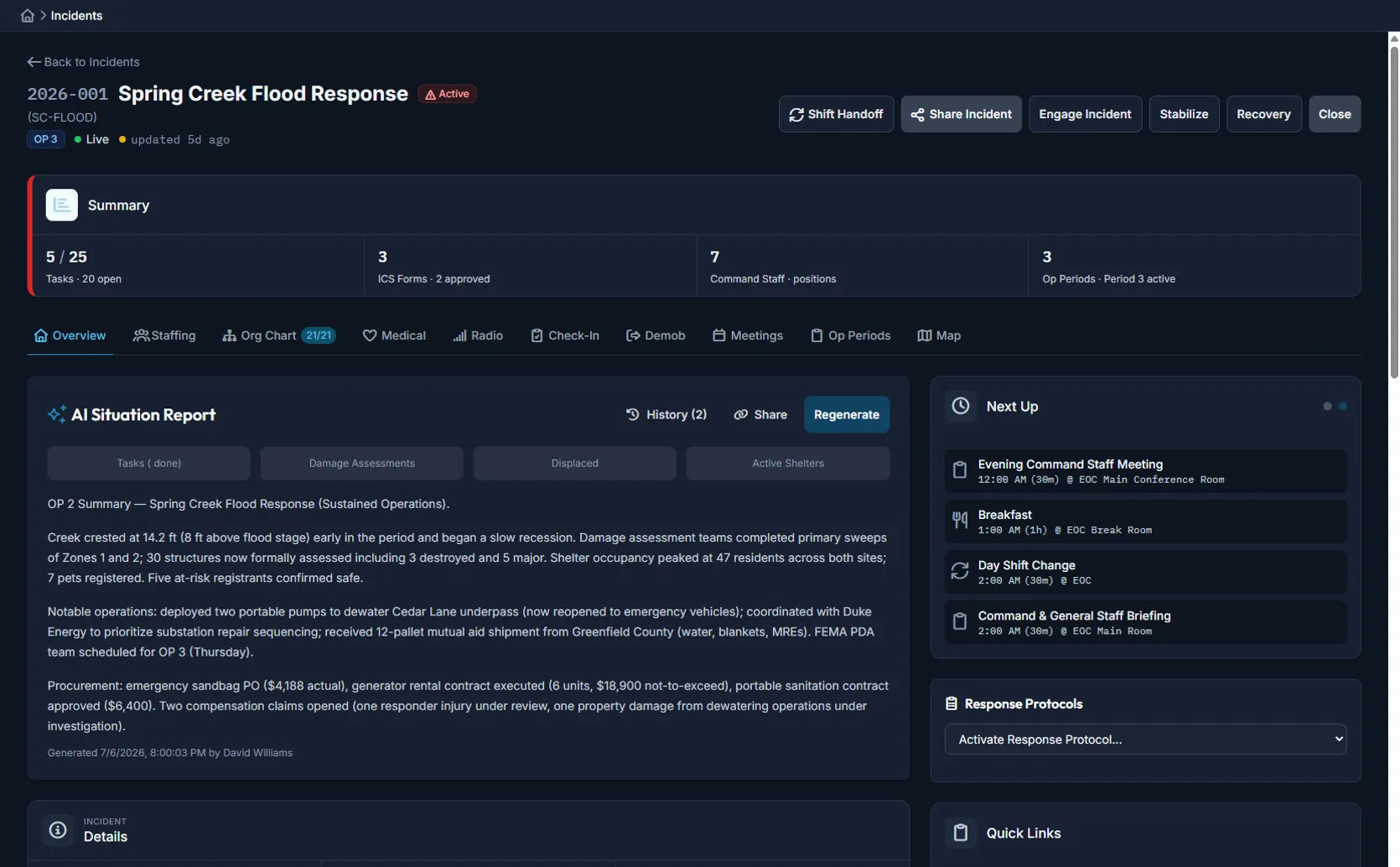 Command Bridge incident detail view with AI situation report, operational periods, and response protocols