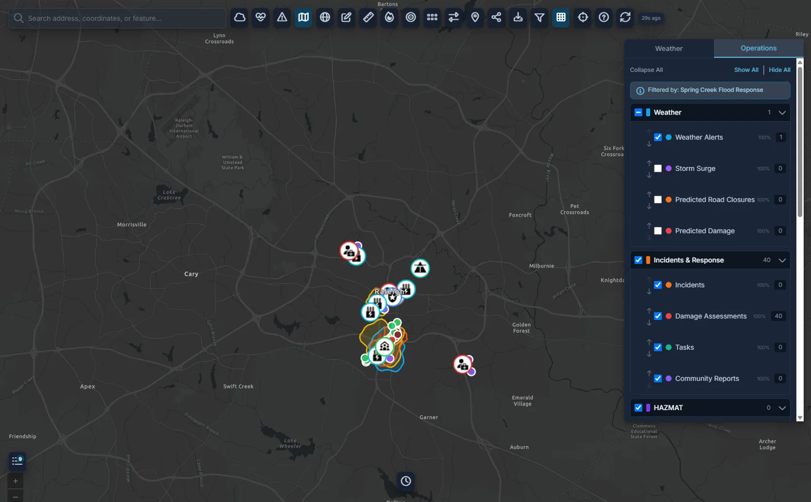 Command Bridge operational map with the layer control panel showing 15+ toggleable data layers
