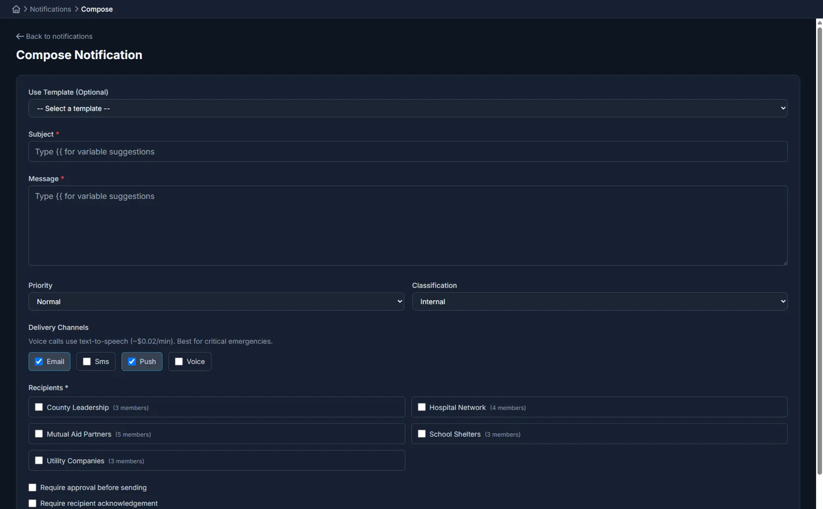 Command Bridge notification composer with templates, channels, and recipient groups