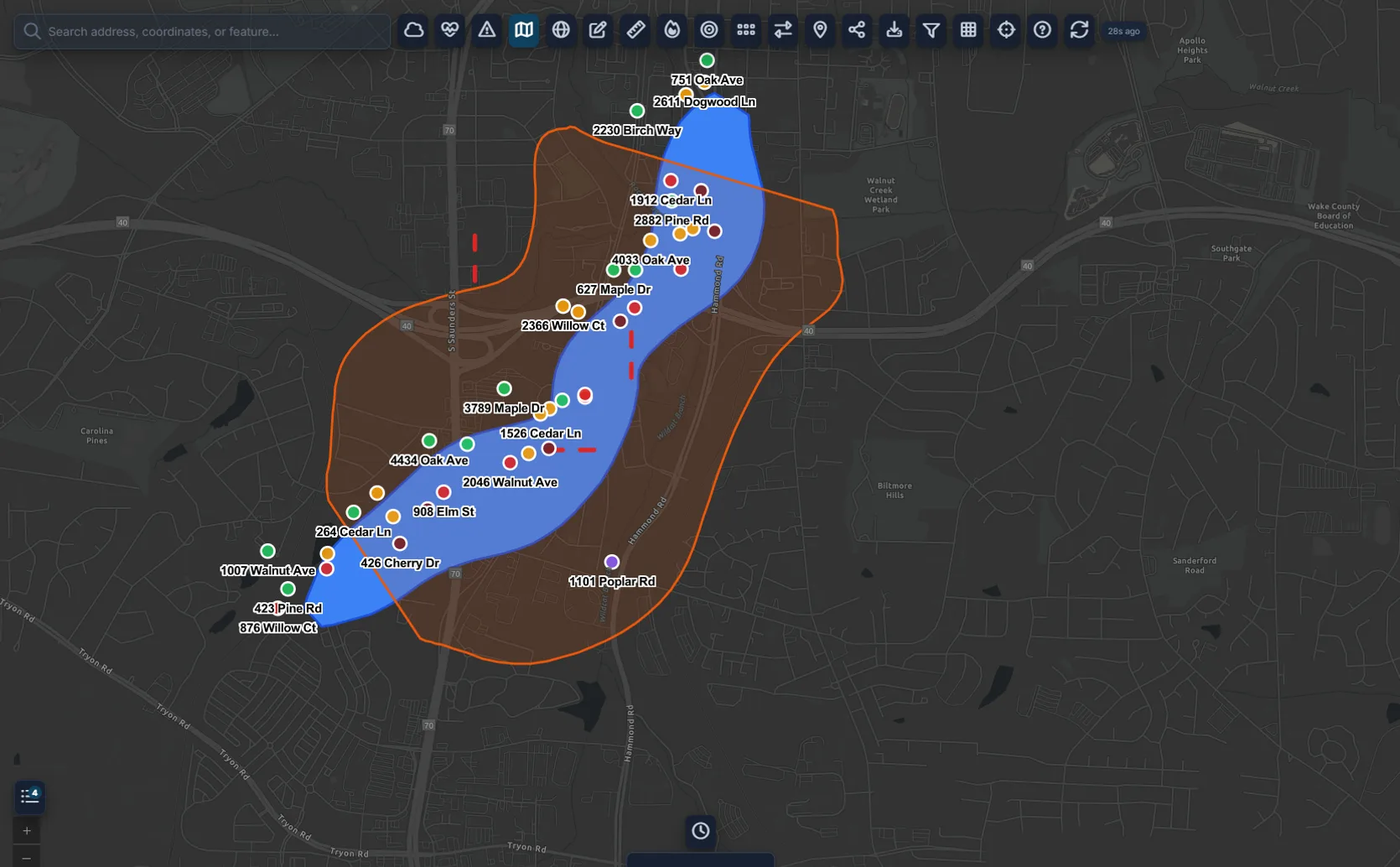 Command Bridge operational map with live incidents, critical infrastructure, and resource layers