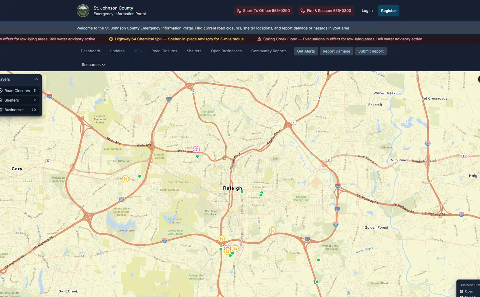 Command Bridge public emergency information portal with live map of shelters, road closures, and open businesses
