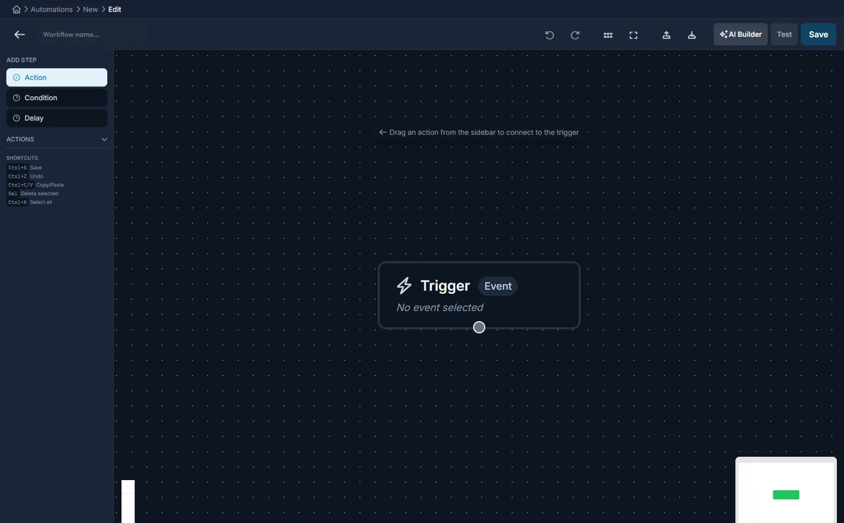 Command Bridge automation builder with trigger, condition, and action steps on a visual canvas